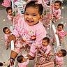 baby, child, toddler, pink_clothing, smiling, happy, miniature, multiple_babies, chair, handbag, floor, tiles, indoor, playful, cute, joyful, person, patterned_pants, pink_sweater, flower_pattern