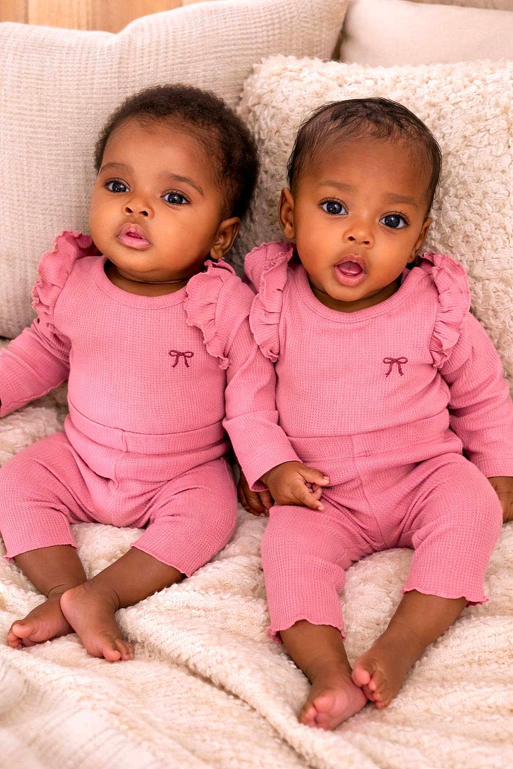 Aliyah Racine is registered to the contest to win money with this photo: baby, infant, toddler, child, pink_clothing, matching_outfits, cute, adorable, sitting, blanket, couch, indoor, portrait, two_children, curious_expression, soft_texture, cozy, face, hands, feet