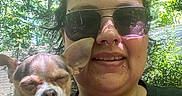 Cricket Lynn Greene is registered to the contest to win money with this photo: casual_clothing, chihuahua, close_up, daylight, dog, face, greenery, hand, happy, nature, necklace, outdoor, person, pet, portrait, shadow, short_hair, smile, sunglasses, sunlight