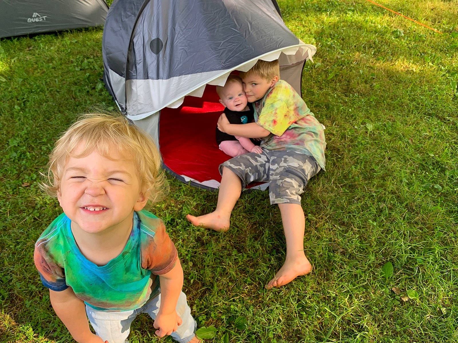 Dexter is registered to the contest to win money with this photo: botany, fun, grass, hand, happy, head, leg, leisure, mammal, natural_environment, people, people_in_nature, person, photograph, plant, recreation, sharing, shorts, smile, toddler