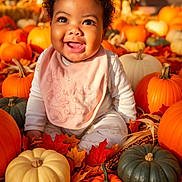 Ailah is registered to the contest to win money with this photo: baby, child, infant, smiling, happy, portrait, curly_hair, sitting, autumn, fall, pumpkins, gourds, leaves, orange, harvest, seasonal, outdoor, bib, clothing, ai_generated