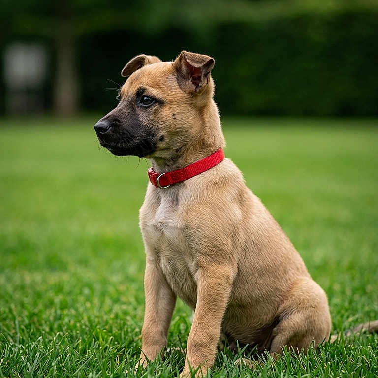 Flash a rejoint le concours — aidez-le/la à gagner de superbes lots ! puppy, dog, grass, outdoor, red_collar, young_dog, pet, animal, sitting, nature, greenery, canine, alert, portrait, fur, mammal, cute, small_dog, side_view, daylight