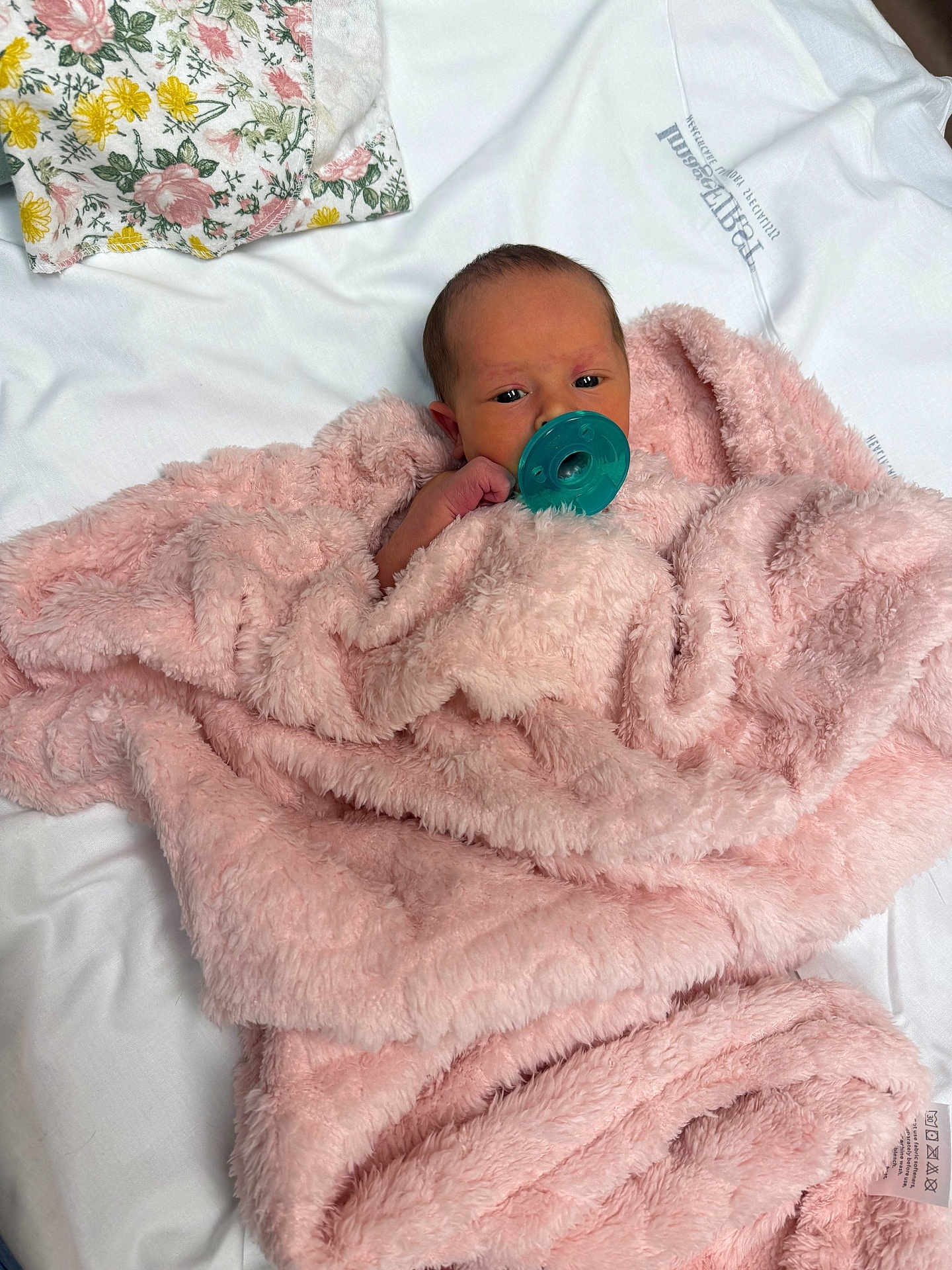 Saria joined the competition — help win amazing prizes! newborn, baby, pacifier, blanket, pink, fluffy, infant, wrapped, lying_down, white_background, floral_cloth, cute, small, hand, face, head, soft_texture, cozy, resting, indoors