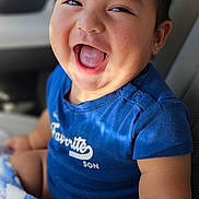 Gabriel joined the competition — help win amazing prizes! baby, child, toddler, smiling, laughing, portrait, face, indoor, car, vehicle, seated, blue_shirt, blanket, earring, happy, close_up, photography, passenger, joyful, family