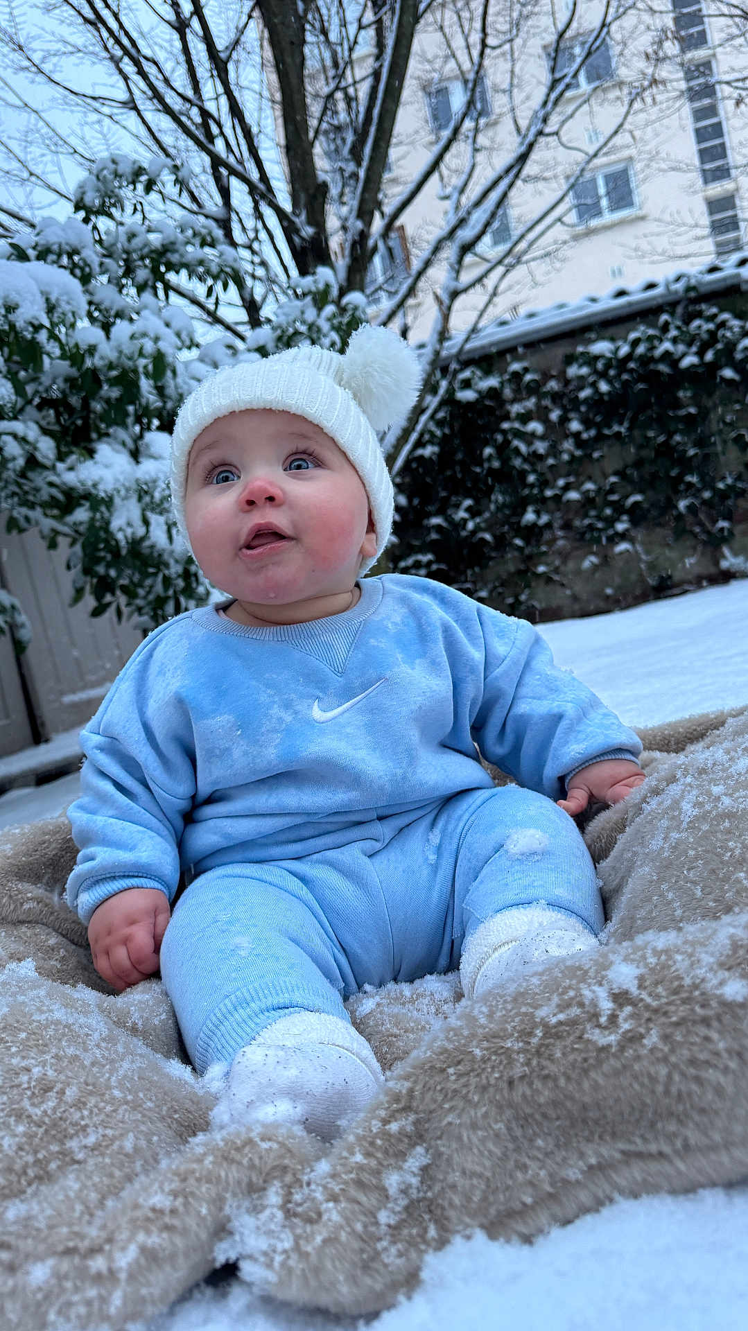 Lina a rejoint le concours — aidez-le/la à gagner de superbes lots ! baby, blanket, blue_clothing, building, child, cold, curious, cute, face, frost, frozen, hat, nature, outdoor, pom_pom, sitting, snow, soft_texture, tree, winter
