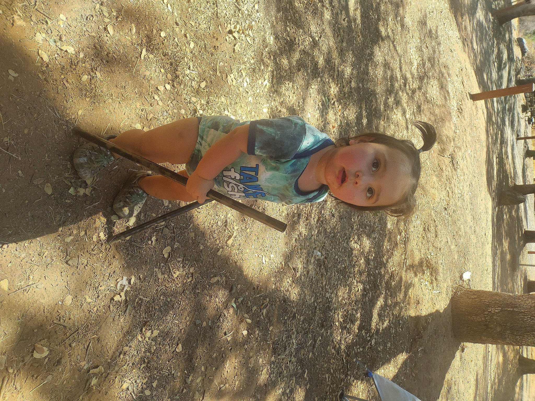 Christine is registered to the contest to win money with this photo: barechested, chest, child, fun, head, human_leg, landscape, leisure, people_in_nature, person, recreation, sand, shadow, soil, sport_climbing, sun_tanning, swimwear, thigh, toddler, tree