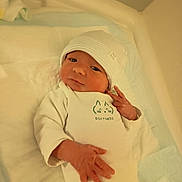 Lou a rejoint le concours — aidez-le/la à gagner de superbes lots ! newborn, baby, infant, white_clothing, hat, onesie, softness_text, hand_gesture, lying_down, bed, blanket, cute, portrait, indoors, peaceful, skin, face, person, sleepwear, closeup