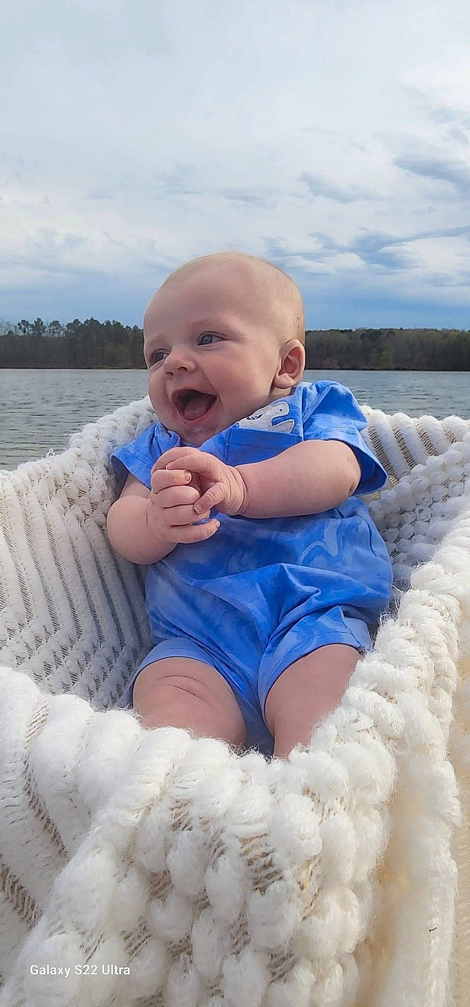 Axton joined the competition — help win amazing prizes! azure, baby, baby_toddler_clothing, beauty, blue, cloud, electric_blue, face, fun, happy, head, iris, lake, leisure, person, recreation, sky, sleeve, smile, toddler