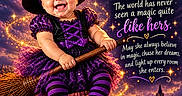 Aurora is registered to the contest to win money with this photo: baby, child, witch_costume, halloween, broomstick, smiling, portrait, fantasy, moon, pumpkins, lantern, autumn_leaves, night_sky, spooky_village, sparkles, purple_clothing, striped_tights, witch_hat, magical_scene, text_overlay