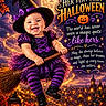 baby, child, witch_costume, halloween, broomstick, smiling, portrait, fantasy, moon, pumpkins, lantern, autumn_leaves, night_sky, spooky_village, sparkles, purple_clothing, striped_tights, witch_hat, magical_scene, text_overlay