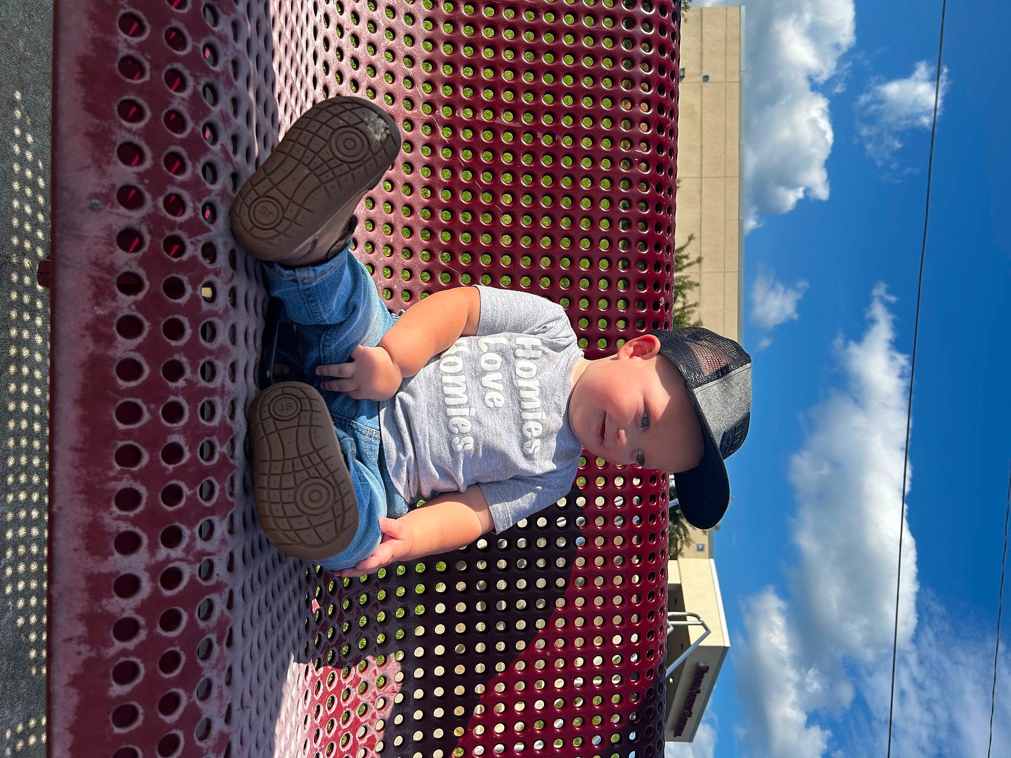 Kamden is registered to the contest to win money with this photo: audio_equipment, blue, child, cloud, electric_blue, entertainment, event, fun, happy, headwear, leisure, light, mesh, pattern, person, sky, sun_hat, toddler