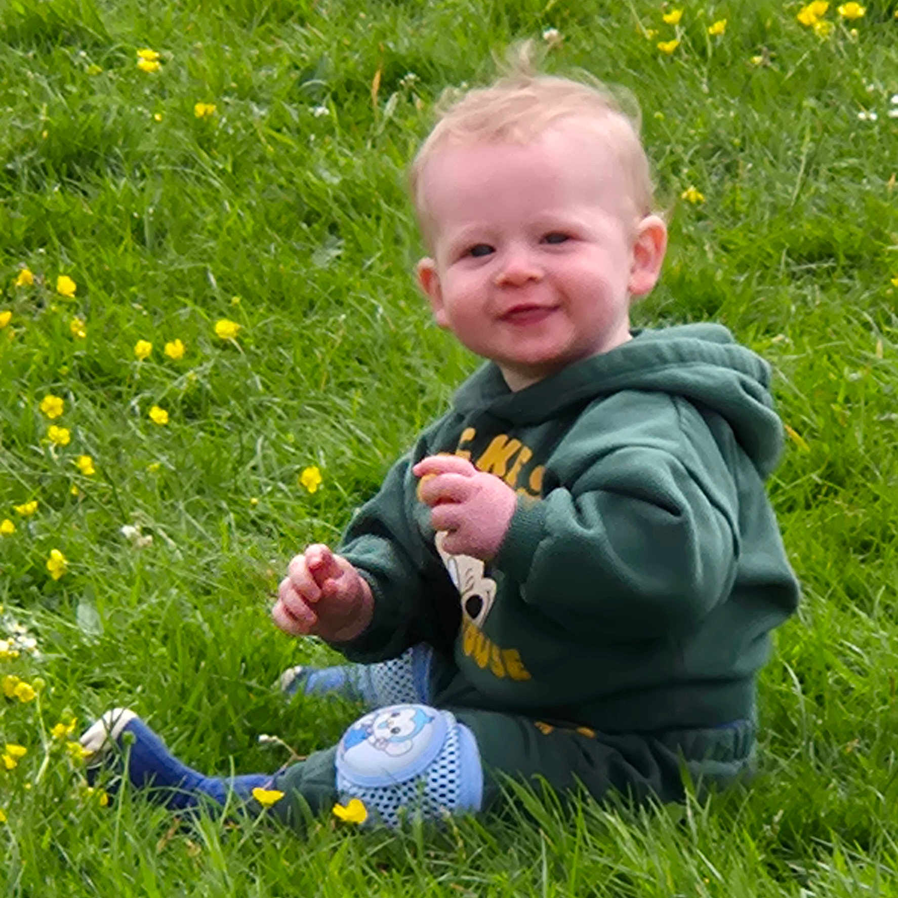 Reece joined the competition — help win amazing prizes! baby, casual_clothing, child, cute, daytime, grass, grass_field, greenery, happy, hoodie, knee_pads, nature, outdoor, person, playful, sitting, smiling, sunlight, toddler, yellow_flowers
