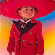 Diego a rejoint le concours — aidez-le/la à gagner de superbes lots ! boy, celebration, child, colorful_background, costume, cute, face, fashion, festive, formal_wear, hat, person, photography, portrait, red_suit, serious_expression, sombrero, standing, traditional_clothing, young