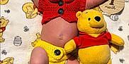 Terry joined the competition — help win amazing prizes! baby, infant, sleeping, crochet_clothing, yellow_hat, red_shirt, yellow_booties, plush_toy, winnie_the_pooh, blanket, baby_outfit, newborn, wooden_sign, cute, resting, child, soft_toy, patterned_blanket, lying_down, adorable