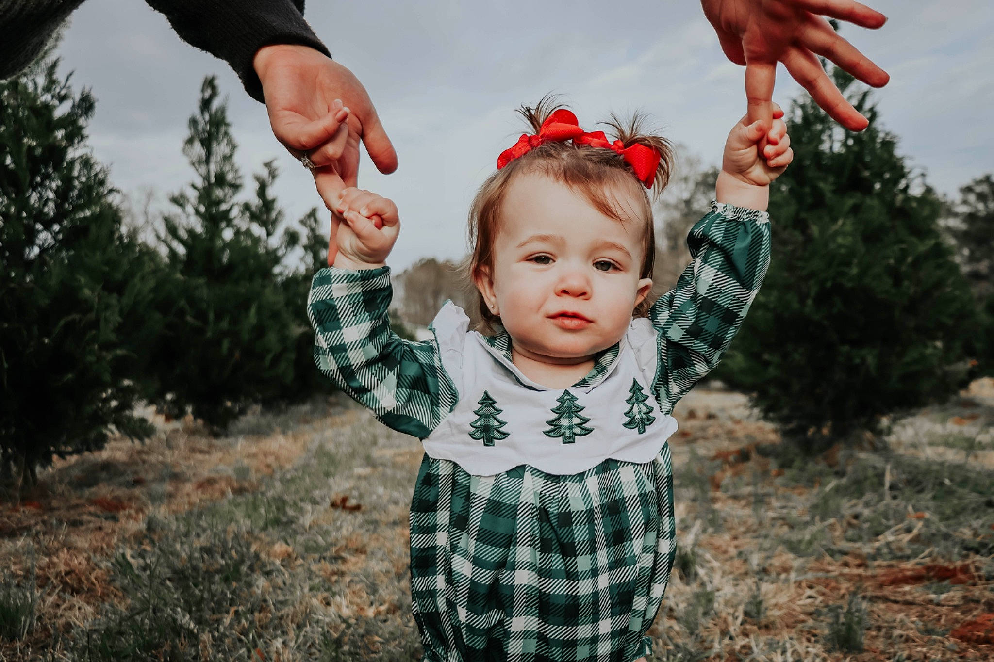 Margaux joined the competition — help win amazing prizes! baby, baby_toddler_clothing, finger, flash_photography, fun, gesture, grass, grassland, hand, happy, leaf, people_in_nature, person, plaid, plant, red, sky, sunlight, tartan, toddler