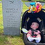 baby, car_seat, gravestone, cemetery, grass, toy, outdoor, trees, sunlight, infant, head, clothing, grass_field, memorial, military, nature, peaceful, portrait, person, seat