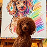 dog, poodle, painting, art, portrait, easel, colorful, brown, curly_fur, studio, paint_palette, brushes, artwork, indoor, creative, animal, pet, sitting, floor, expression