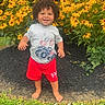 child, toddler, curly_hair, smiling, barefoot, grass, yellow_flowers, red_shorts, gray_tshirt, outdoor, garden, summer, holiday, 4th_of_july, nature, greenery, birdhouse, cute, happy, celebration