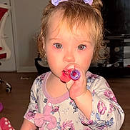 Victoria González joined the competition — help win amazing prizes! toddler, child, girl, indoor, toy, hair_bow, floral_clothing, curious, playing, face, person, floor, furniture, balloons, pink, purple, cute, young_child, home, portrait