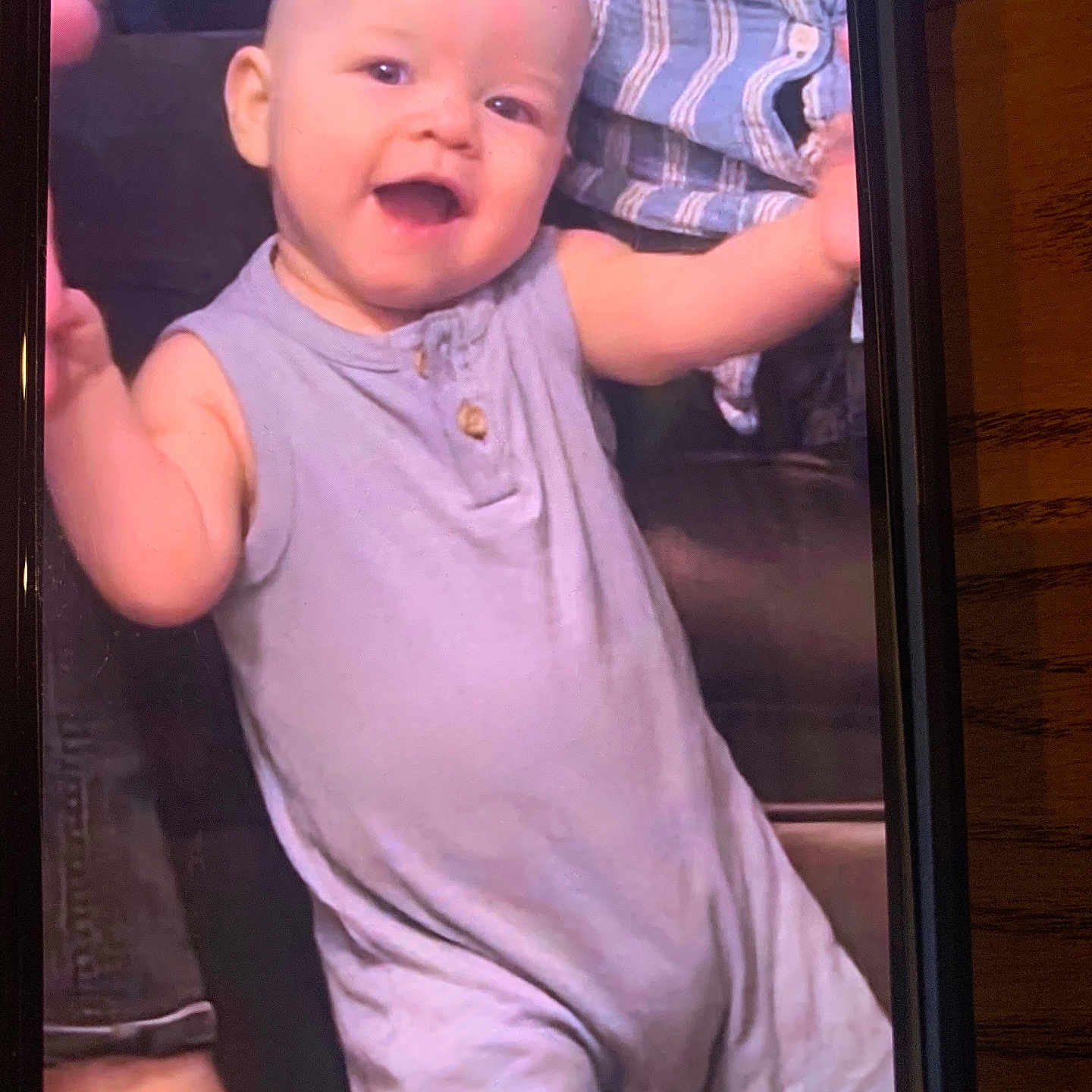 Easton joined the competition — help win amazing prizes! baby, child, smiling, happy, romper, sleeveless, person, face, arm, holding, striped_shirt, candid, indoor, joyful, infant, portrait, human, skin, expression, clothing