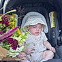 Barrett is registered to the contest to win money with this photo: baby, sleeping, car_seat, hat, romper, flowers, bouquet, infant, child, cute, peaceful, clothing, seat, socks, summer, nature, greenery, pink, yellow, purple