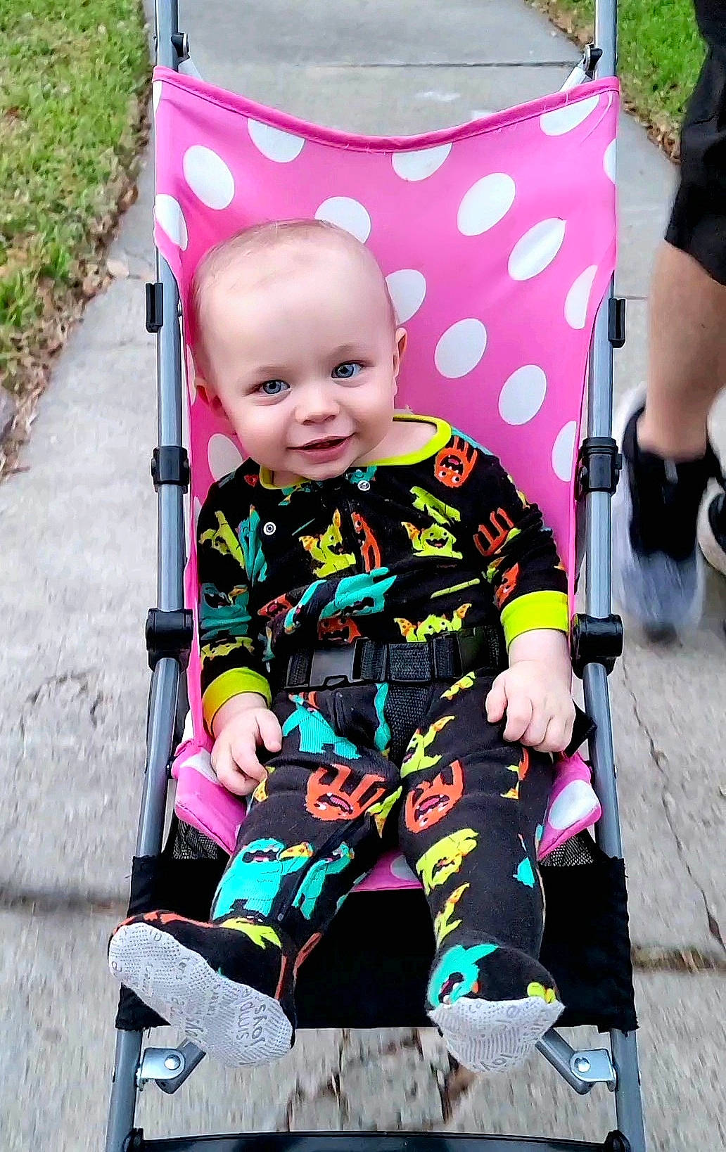 Marek joined the competition — help win amazing prizes! baby, baby_carriage, baby_products, baby_toddler_clothing, black, child, green, magenta, pattern, person, pink, purple, shoe, sitting, sleeve, smile, t_shirt, tire, toddler, violet