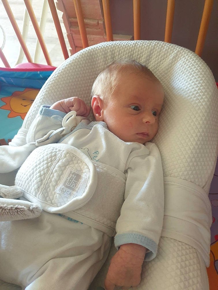 Ezra participe au concours pour gagner de l'argent avec cette photo : baby, baby_products, baby_safety, baby_sleeping, baby_toddler_clothing, car_seat, cheek, child, chin, comfort, eye, infant_bed, lap, mouth, person, product, room, sitting, skin, textile