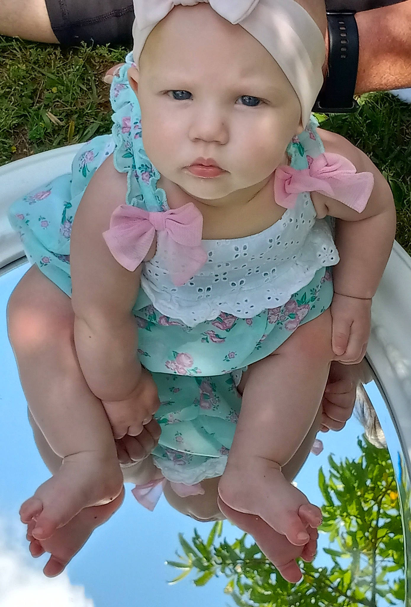 Hazel joined the competition — help win amazing prizes! baby_toddler_clothing, blue, cheek, clothing, cool, finger, grass, green, hand, happy, head, headwear, leg, organ, people_in_nature, person, photograph, pink, skin, sleeve