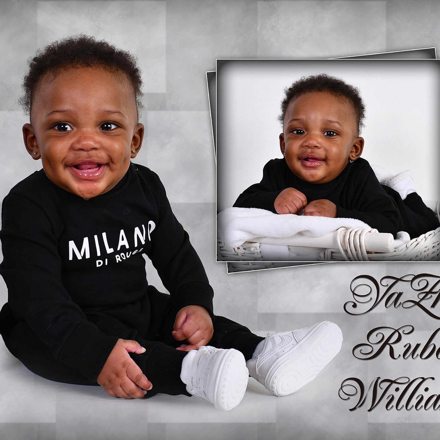 Yazhir is registered to the contest to win money with this photo: baby, child, portrait, smiling, black_clothing, white_shoes, curly_hair, studio_photo, sitting, blanket, basket, framed_photo, cute, happy, indoor, face, person, photography, background, text_overlay