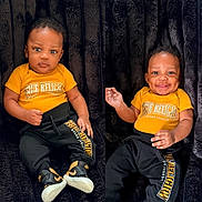 Yazhir is registered to the contest to win money with this photo: baby, black_background, black_pants, child, clothing, cute, dimples, fashion, happy, indoor, infant, matching_outfits, portrait, seated, serious, smile, sneakers, toddler, two_children, yellow_shirt