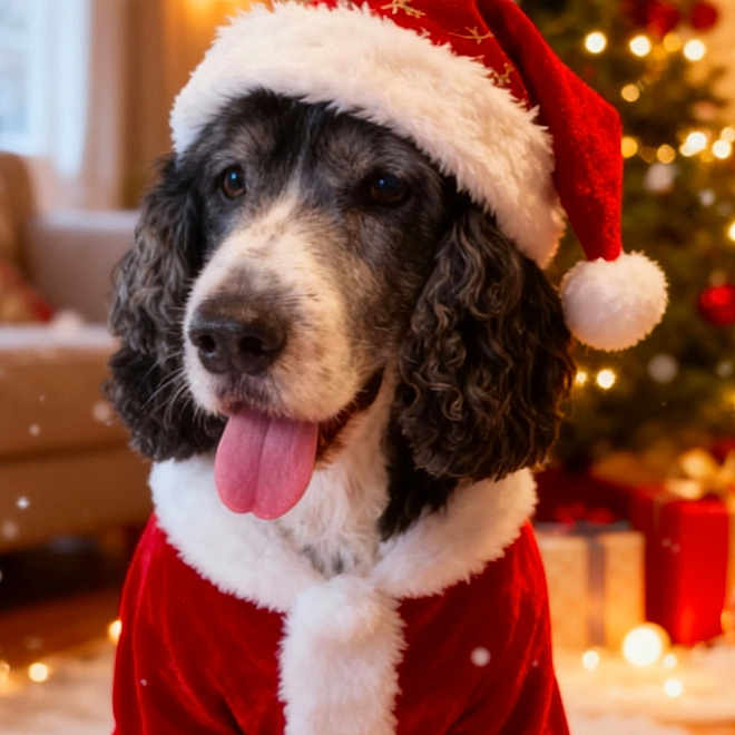 Gody participe au concours pour gagner de l'argent avec cette photo : black_and_white_dog, celebration, christmas_lights, christmas_tree, cozy, cute, decorations, dog, festive, fur, holiday, home, indoor, pet, presents, santa_hat, santa_outfit, seasonal, smiling, tongue_out