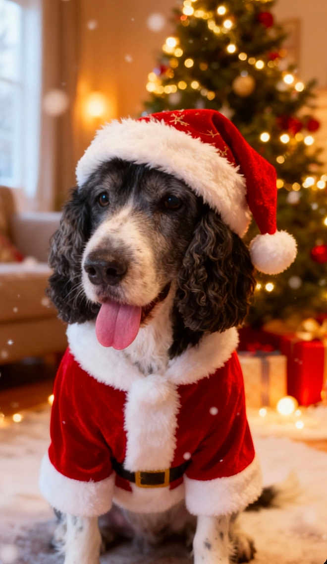 Gody participe au concours pour gagner de l'argent avec cette photo : dog, santa_hat, santa_outfit, christmas_tree, christmas_lights, holiday, festive, tongue_out, pet, indoor, decorations, presents, black_and_white_dog, fur, cute, celebration, seasonal, smiling, cozy, home