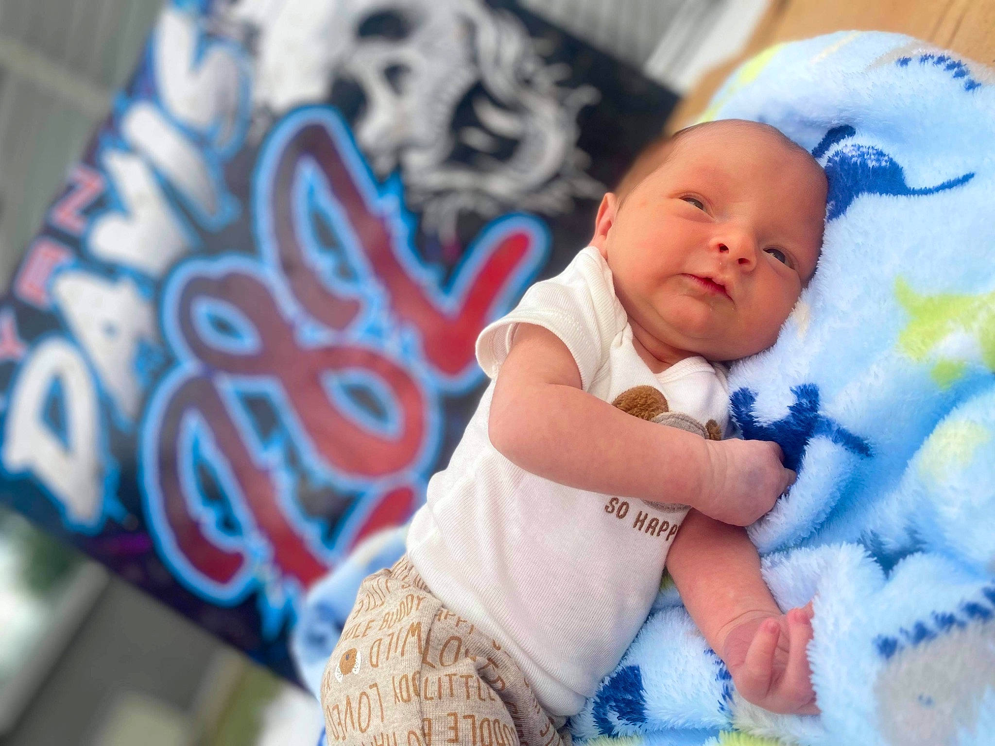 Colter Lee joined the competition — help win amazing prizes! azure, baby, baby_products, baby_toddler_clothing, cheek, child, comfort, electric_blue, fun, happy, leisure, linens, magenta, pattern, person, play, purple, sitting, skin, textile