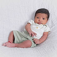 Zareth is registered to the contest to win money with this photo: baby, infant, child, portrait, clothing, shorts, shirt, skin, face, expression, eyes, hands, feet, blanket, texture, white, relaxed, cute, indoors, newborn