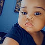 Julie Kay is registered to the contest to win money with this photo: baby, child, face, closeup, indoor, person, young, portrait, curious, chubby_cheeks, black_shirt, blue_wall, decor, art_panels, skin, eyebrows, eyelashes, nose, lips, head