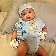 Raeshayn joined the competition — help win amazing prizes! baby, boy, infant, blue_clothing, mittens, hat, stuffed_animal, bed, pillow, bib, teddy_bear, cute, portrait, child, indoor, newborn, soft_toys, sleepwear, lying_down, curious