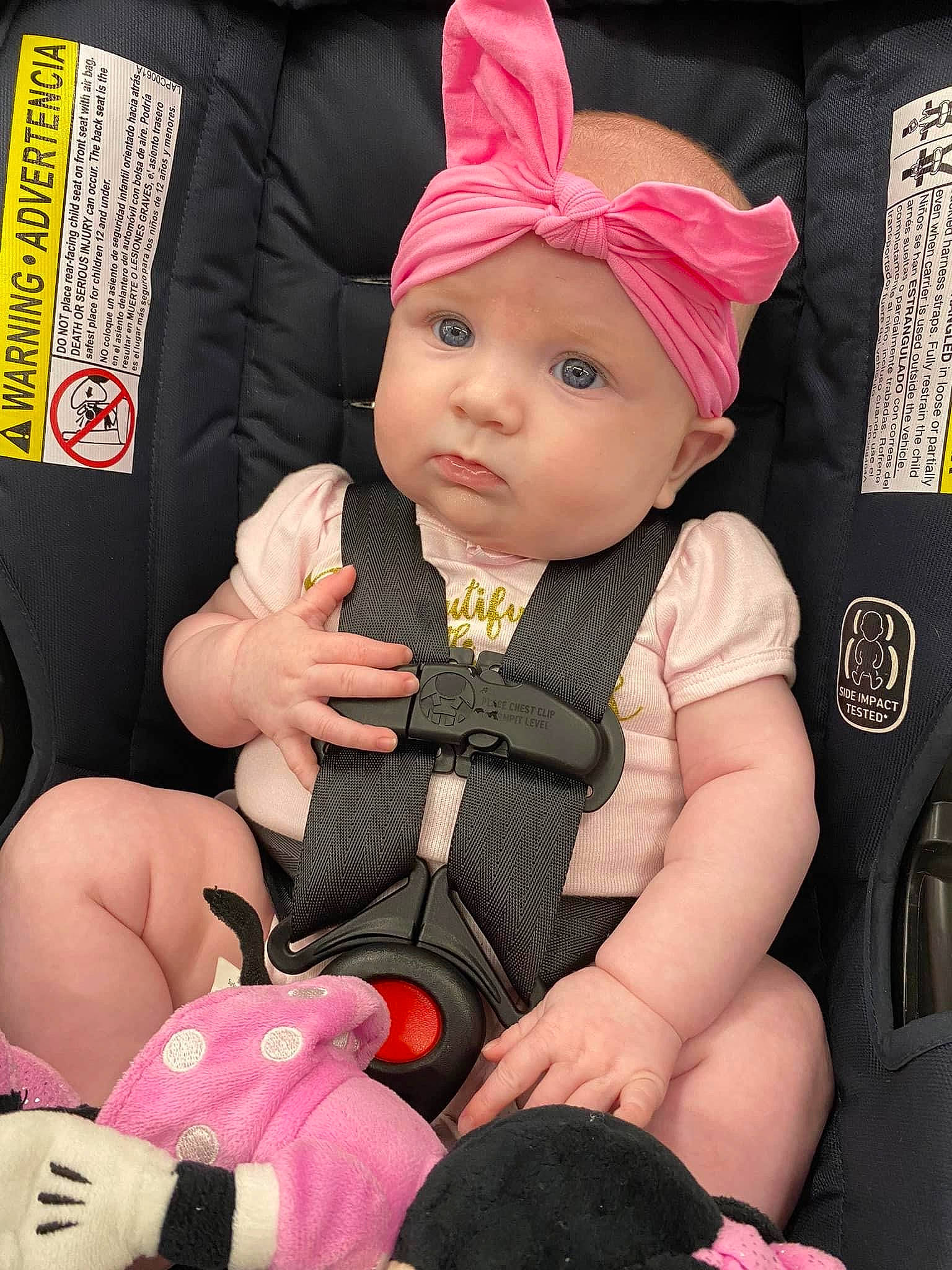 Finleigh is registered to the contest to win money with this photo: baby, baby_carriage, baby_products, baby_toddler_clothing, cap, car_seat, cheek, child, comfort, costume_hat, fashion_accessory, headwear, knit_cap, lap, magenta, pattern, person, pink, sleeve, sock