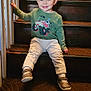 toddler, child, smiling, stairs, wooden_stairs, green_sweatshirt, monster_truck, casual_clothing, indoor, handrail, holding, happy, young_child, footwear, brown_shoes, carpet, portrait, sitting, railing, person