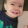 Wyatt joined the competition — help win amazing prizes! baby, child, smiling, milk_mustache, dinosaur_shirt, pillow, couch, happy, face, teeth, clothing, indoor, portrait, infant, person, cute, closeup, young_child, sitting, cozy