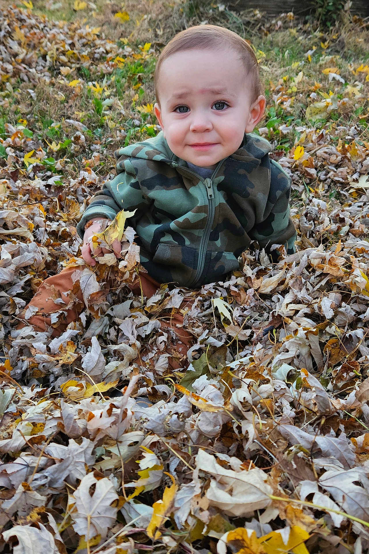 Wyatt joined the competition — help win amazing prizes! toddler, child, autumn, leaves, outdoor, camouflage, hoodie, brown_pants, nature, fall, grass, sitting, person, cute, expression, seasonal, young_child, play, leaf_pile, casual_clothing