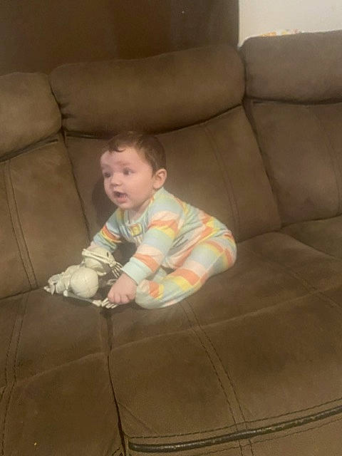 Scarlett joined the competition — help win amazing prizes! baby, baby_toddler_clothing, brown, child, comfort, couch, eye, floor, flooring, fun, furniture, hardwood, head, living_room, person, room, sitting, studio_couch, surprise, tints_and_shades