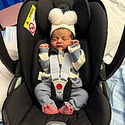Advait joined the competition — help win amazing prizes! baby, bed, black, blanket, blue, car_seat, chair, feet, hands, hat, hospital, indoors, infant, knitwear, newborn, pom_poms, safety_harness, sleeping, stripes, white