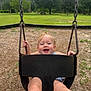 child, toddler, swing, playground, outdoor, happy, smiling, grass, trees, park, fun, baby, seat, chain, summer, nature, person, recreation, joy, daytime