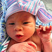 Aymee joined the competition — help win amazing prizes! newborn, baby, infant, hat, bow, striped, blanket, hospital, closeup, face, hand, skin, cute, tiny, expression, person, portrait, newborn_baby, wrapped, soft