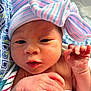 newborn, baby, infant, hat, bow, striped, blanket, hospital, closeup, face, hand, skin, cute, tiny, expression, person, portrait, newborn_baby, wrapped, soft