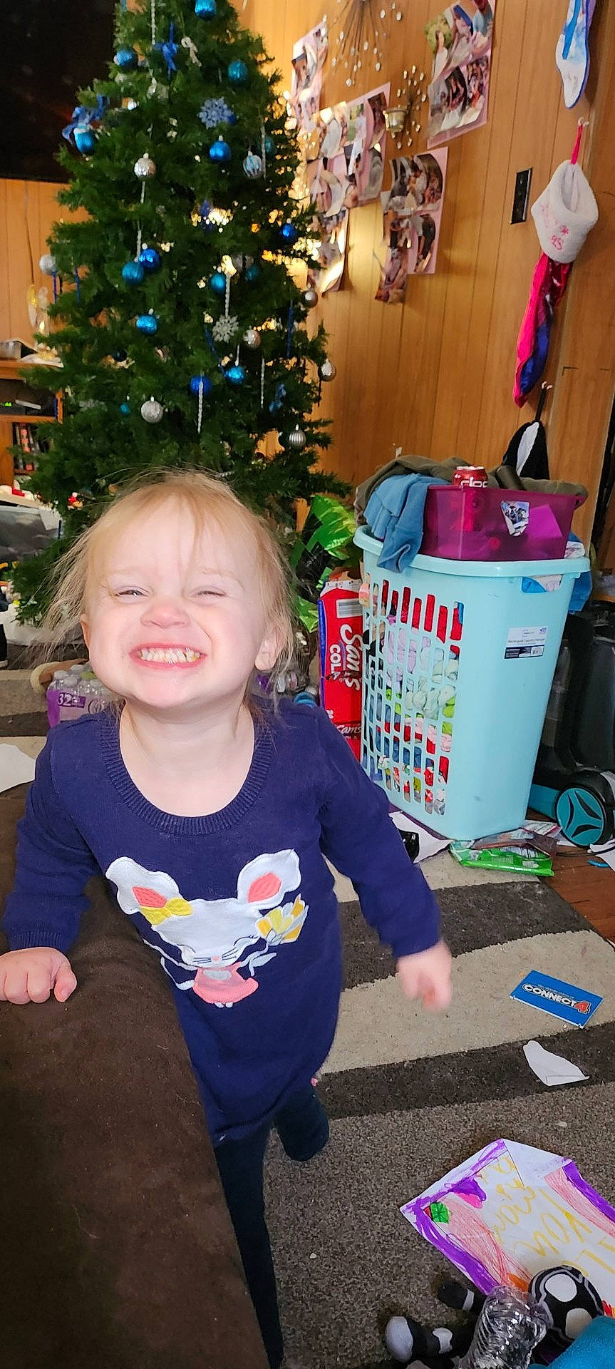 Evelyn is registered to the contest to win money with this photo: baby_toddler_clothing, child, christmas, christmas_decoration, christmas_ornament, christmas_tree, conifer, event, fun, green, happy, holiday, holiday_ornament, joy, person, sleeve, smile, snapshot, standing, toddler