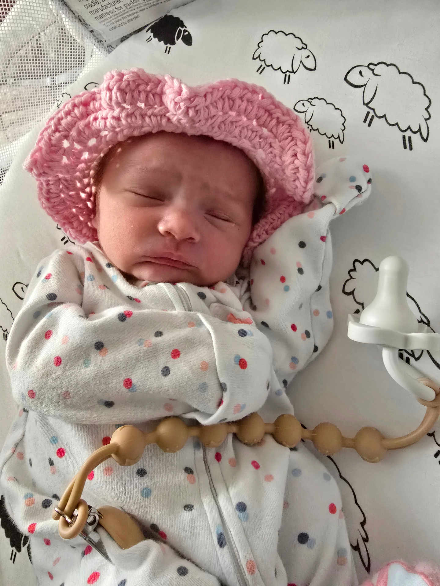 Rhylee joined the competition — help win amazing prizes! baby, newborn, sleeping, pink_hat, onesie, polka_dots, blanket, sheep_pattern, pacifier, pacifier_clip, infant, cute, peaceful, resting, soft, closeup, indoor, child, face, headwear