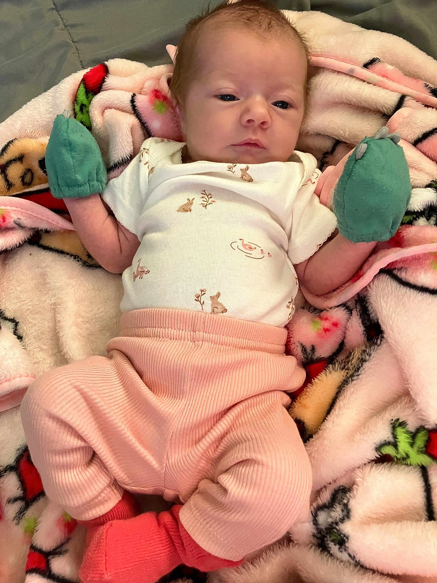 Evelyn is registered to the contest to win money with this photo: baby, infant, blanket, mittens, clothing, pink_pants, soft_texture, lying_down, close_up, cute, young_child, sleepwear, warm, indoor, portrait, newborn, person, face, head, resting