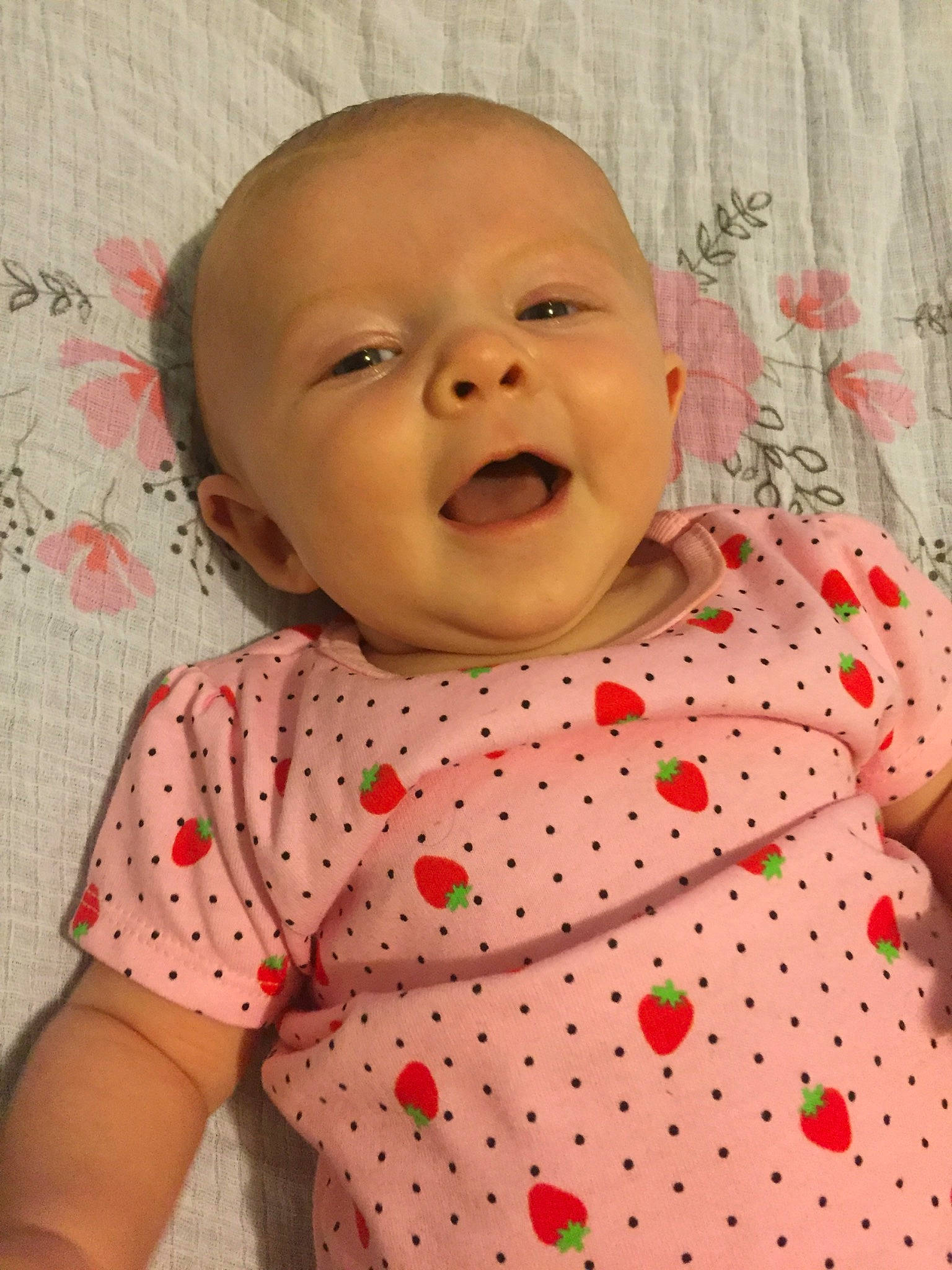 Adelaide is registered to the contest to win money with this photo: baby, baby_laughing, baby_making_funny_faces, baby_toddler_clothing, cheek, child, chin, face, facial_expression, happy, head, lip, mouth, neck, nose, pattern, person, pink, skin, smile