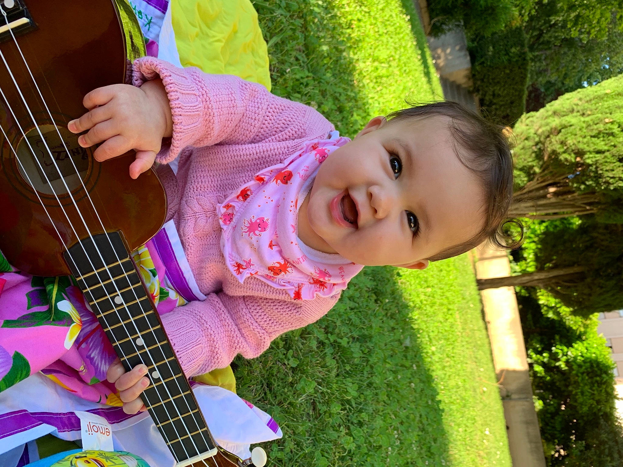 Vicky participe au concours pour gagner de l'argent avec cette photo : baby, beauty, child, finger, fun, grass, guitar, happy, leisure, musical_instrument, person, photography, pink, plant, play, plucked_string_instruments, smile, string_instrument, toddler